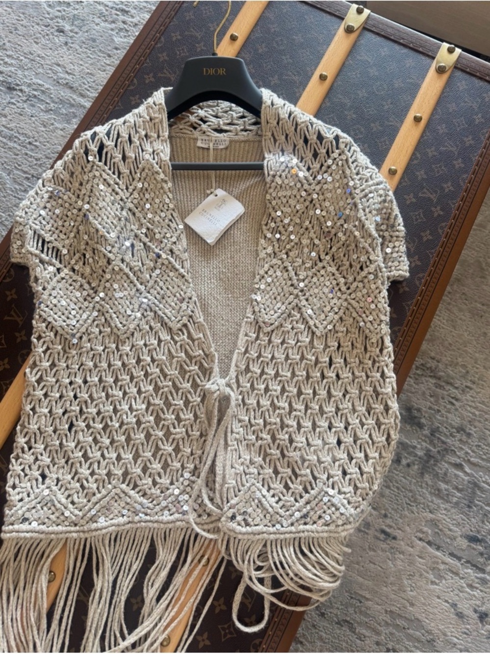 Authentic Brunello Cucinelli Beige Crochet Sequin Fringe Short Sleeve Cardigan